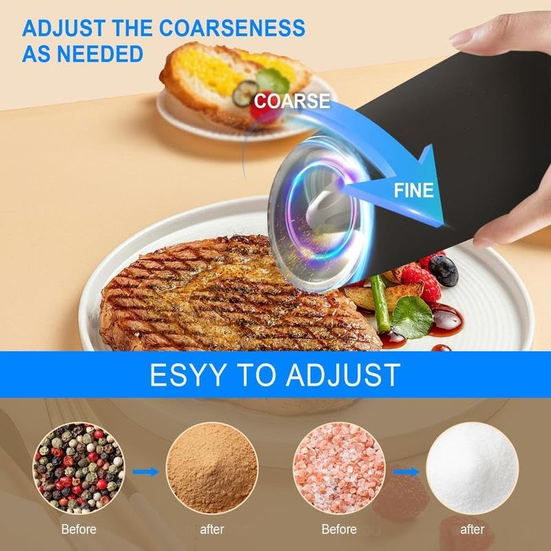 1/2-piece electric salt and pepper grinder set, adjustable for coarseness,large capacity automatic salt and pepper grinder, suitable for kitchen use. (2, Black)