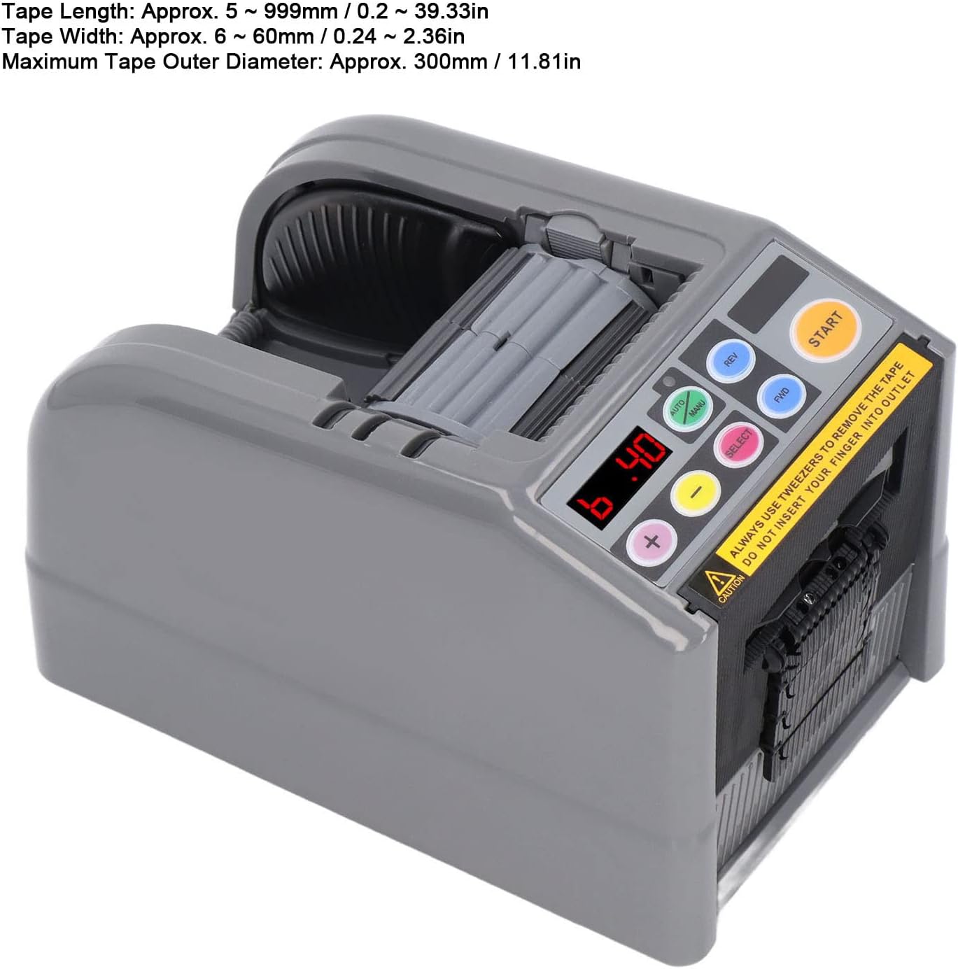 Tape dispenser with text overlay showing tape length, width, and maximum outer diameter specifications