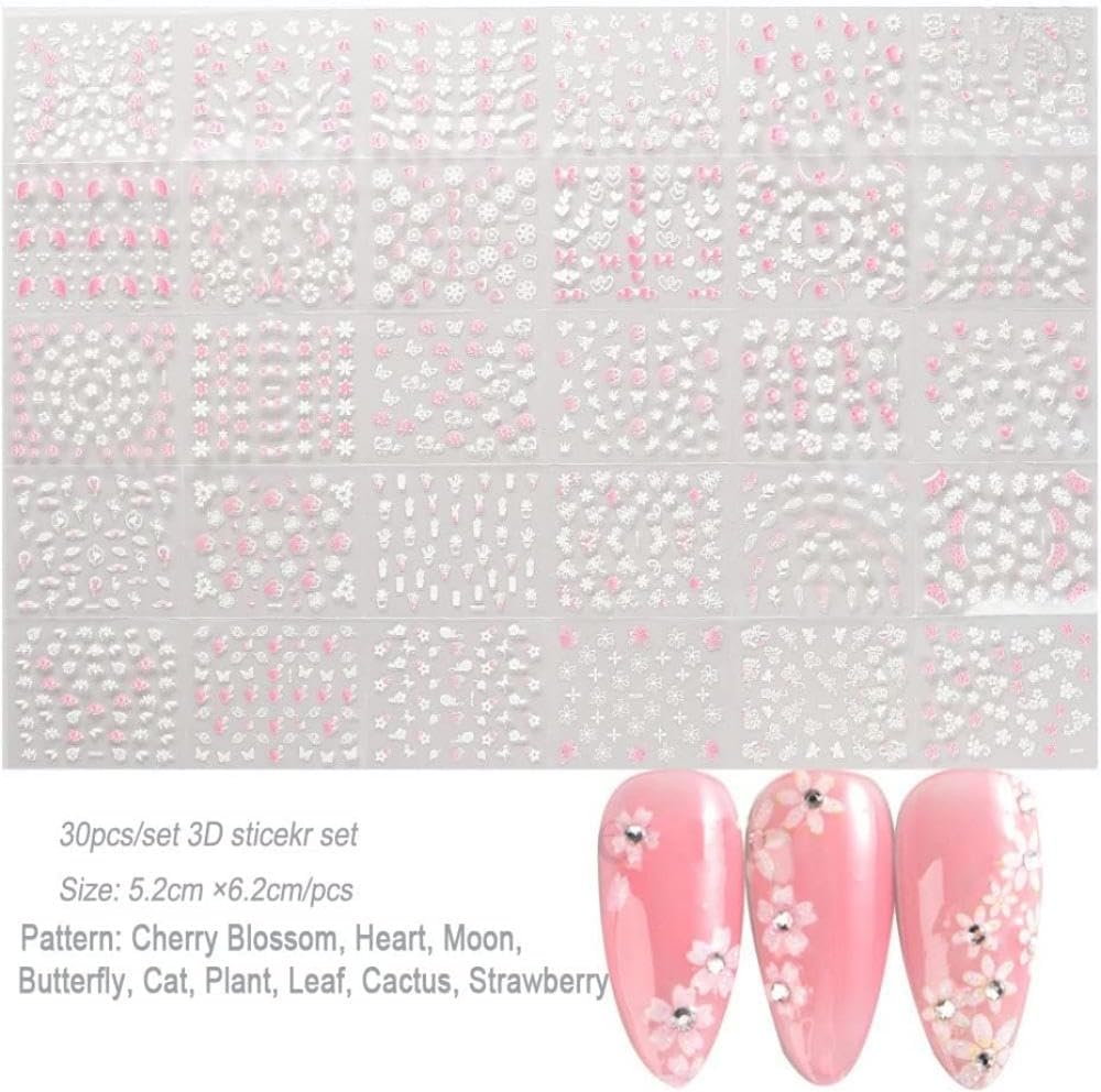 30 Sheets White Flower Nail Stickers Pink Cherry Blossom Nail Designs Hearts Nail Decals Moon Butterfly Cat Plant 3D Self-Adhesive Summer Nail Art Decoration for Women DIY Manicure image 4