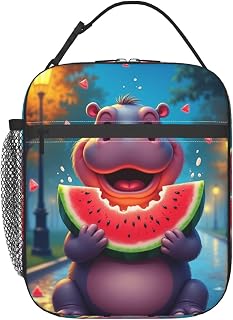 Hippo Eating A Slice of Watermelon Lunch Bag, Insulated Lunch Box for Women Adult,Tote Bag for Picnic Office Travel Beach or Hiking