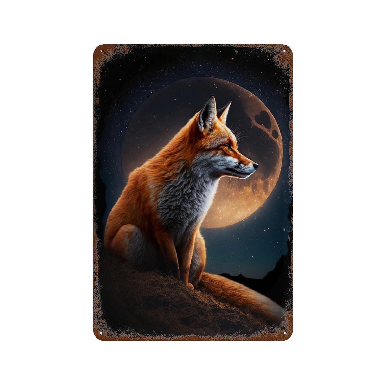 Moonlit Fox Majesty Rust Effect Tin Sign 11.8"x7.9", Industrial Home Decor for Garage, Pub Or Kitchen