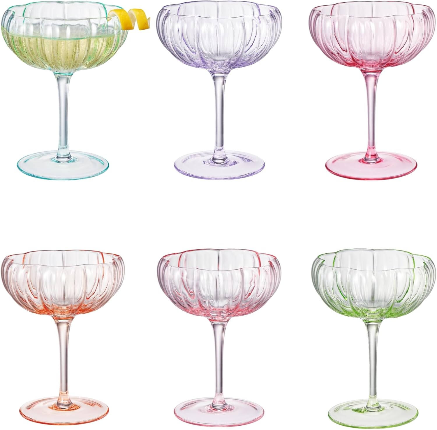 Khen Flower Vintage Wavy Glass Coupes Martini, Champagne & Cocktail Coupes - Set of 6-7oz Colorful Cocktail Glasses & Champagne, Prosecco, Mimosa Glassware Copyright Design - Bright Colors