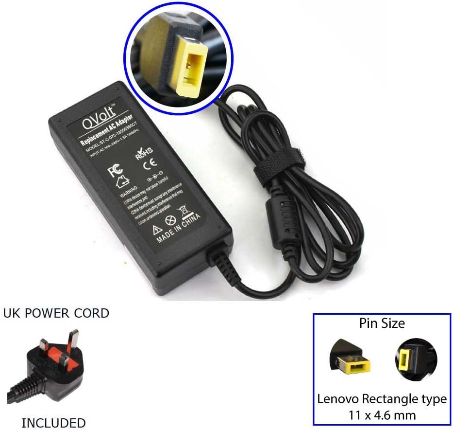 QVolt® Compatible Laptop Charger for Lenovo: Yoga, Yoga 2 Pro; Flex 2 Flex 3; Z50 Z70 G50 G70; ThinkPad S3 S5 X1; Edge; IdeaPad; Chromebook | 20V 3.25A 65W | with UK Power Cable | 12 Months Warranty