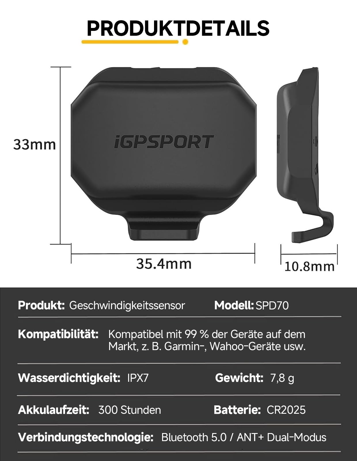 iGPSPORT SPD70 Fahrrad Geschwindigkeitsmesser/CAD70 Fahrrad Trittfrequenzsensor, 300 Stunden Akkulaufzeit, Bluetooth 5.0 ANT+, IPX7
