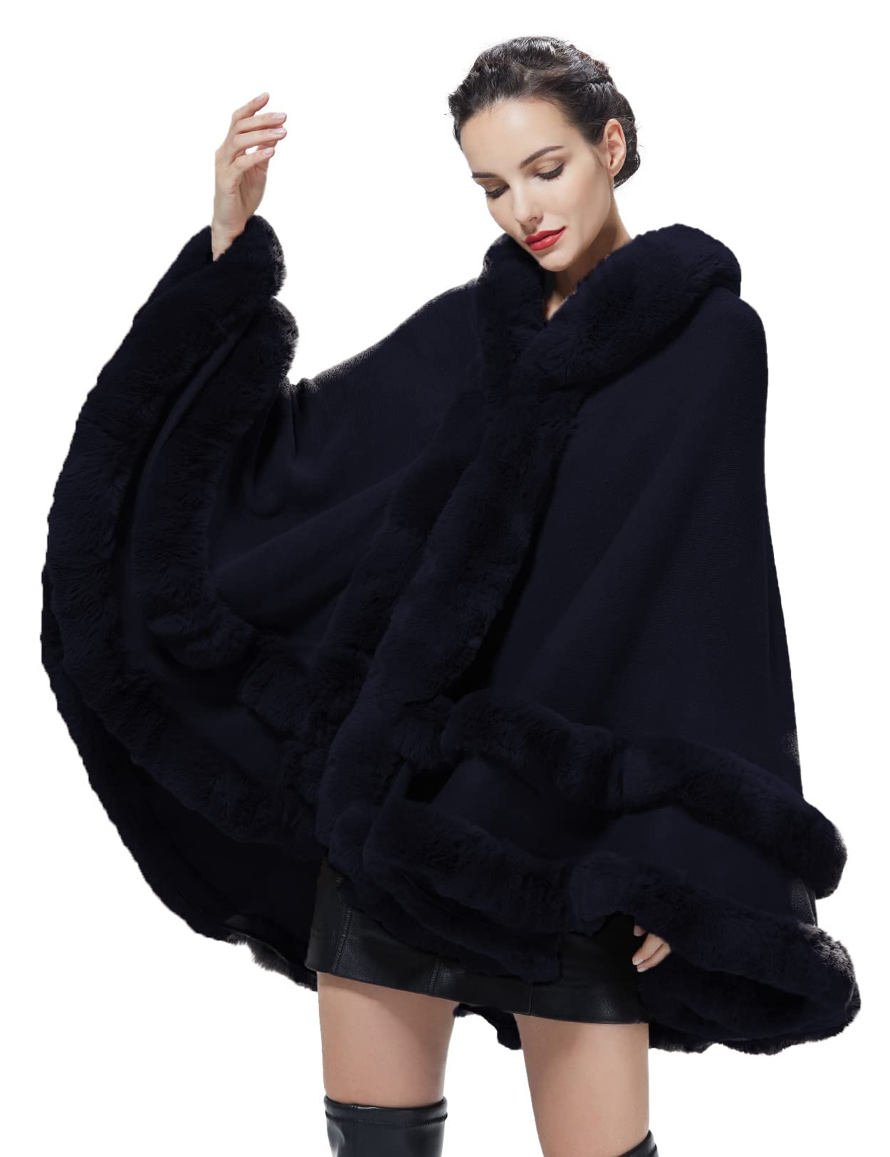 BEAUTELICATE Poncho Mantella Lavorato a Maglia con Cappuccio in Pelliccia Sintetica Scialle Stola Cappotto Cardigan Donna per Matrimonio Invernale Festa