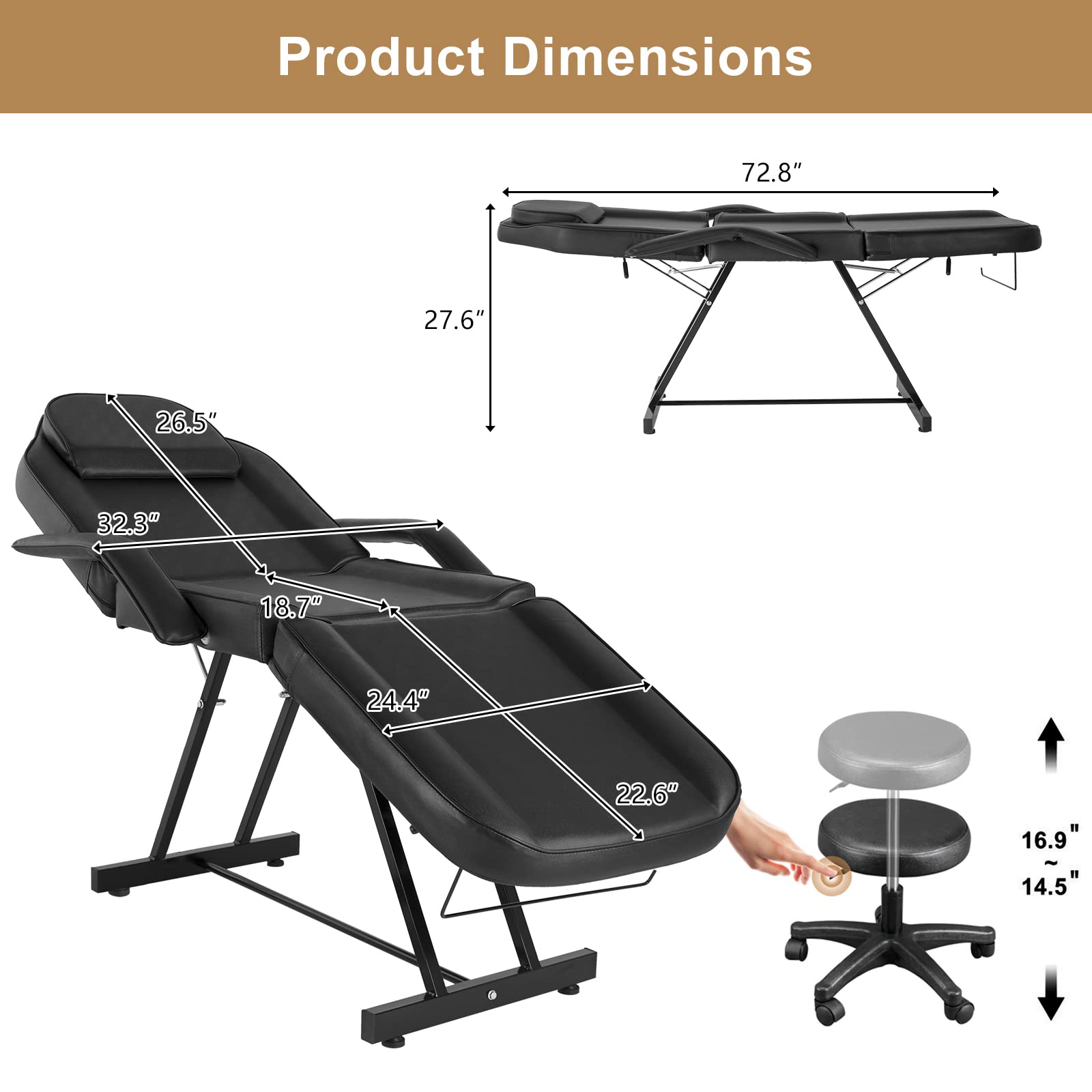 Bonnlo Fauteuil d'esthétique Pliable, Table de Tatouage, Table de Massage,avec Tabouret Roulant Tabouret pivotant, Fauteuil de Coiffure pour équipement de Salon de beauté Spa (Noir)