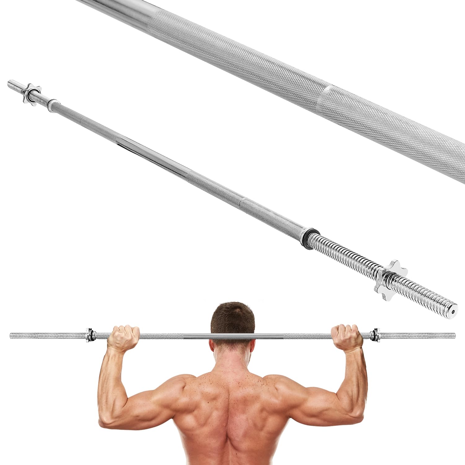 Gymtek Asta per pesi 180 cm - Diametro 28 mm - Acciaio Temprato - Fitness Casa - inclusi Blocchi a stella
