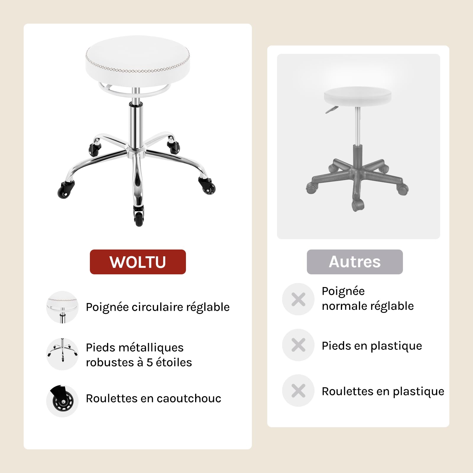 WOLTU Tabouret Bureau, Tabouret roulettes, en PU, Noir