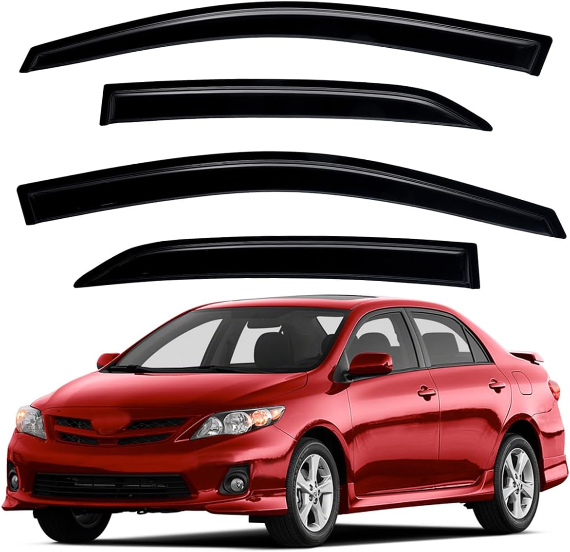 Lightronic Extra Durable Outside-Mount Auto Vent Window Visor, Fits 2009-2013 Toyota Corolla Sedan, UV Protection Rain Guard, Original Wind Deflector, No-Drill Easy Install, Dark Smoke, 4-Pcs