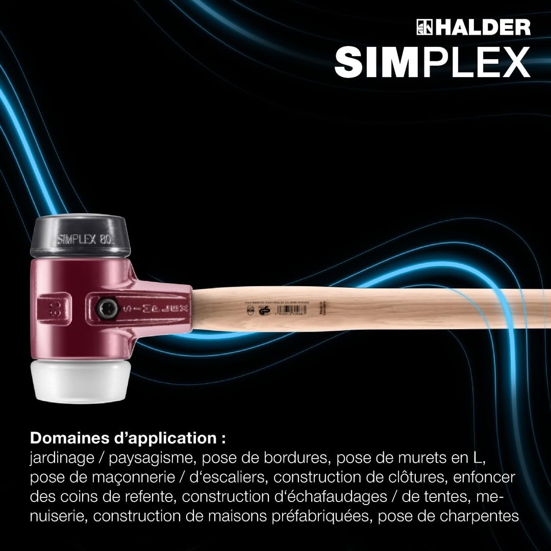 Marteau de frappeur SIMPLEX, Caoutchouc chargé/superplastique; avec boîtier en fonte malléable, manche en bois hickory de haute qualité | D=80 mm | 3027.081