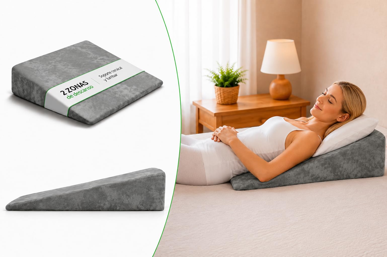 MATTREX | Cojín Cuña Gris 80x68x16 cm Soporte Lumbar y Cervical 2 Zonas – Cojín Cuña Elevador Piernas y Respaldo de Cama – Cuña Ergonómica Leer, Trabajar, Ver TV y Descansar
