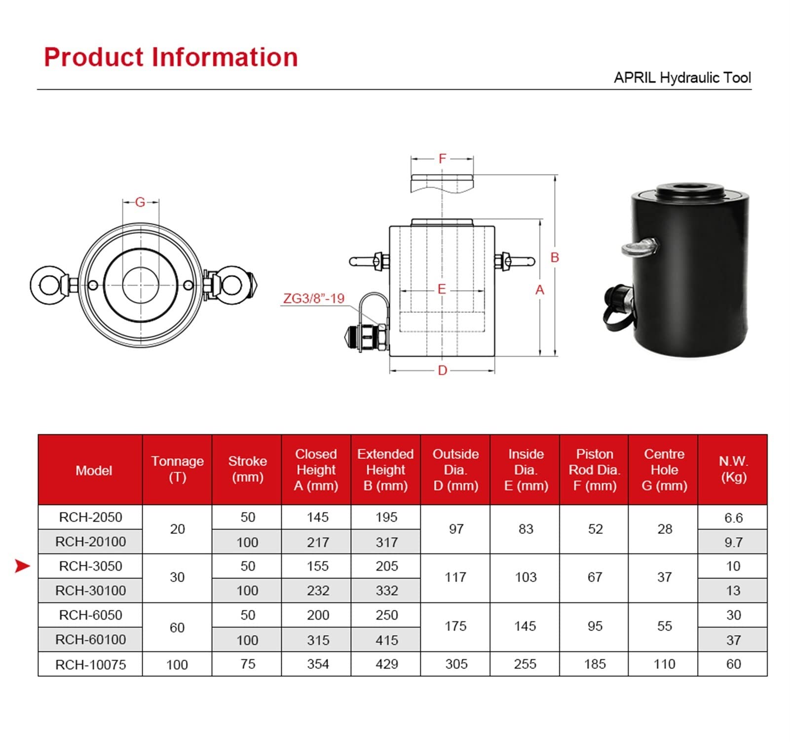 30T Cylindre hydraulique Creux Multi-Usure Manuel d'huile Pression de Levage hydraulique et de Maintenance RCH-3050 SUNBING