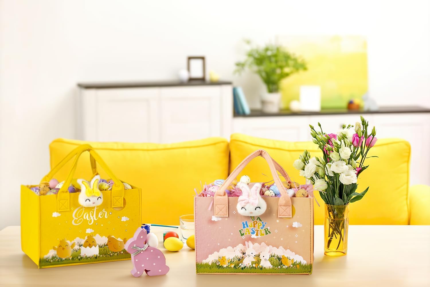 2 Pcs 11.8'' Easter Gift Bags for Kids Reusable Empty Basket with Handles, Bunny and Chicken Egg Hunt Tote Bags Made of Felt (Yellow Pink) - Image 4
