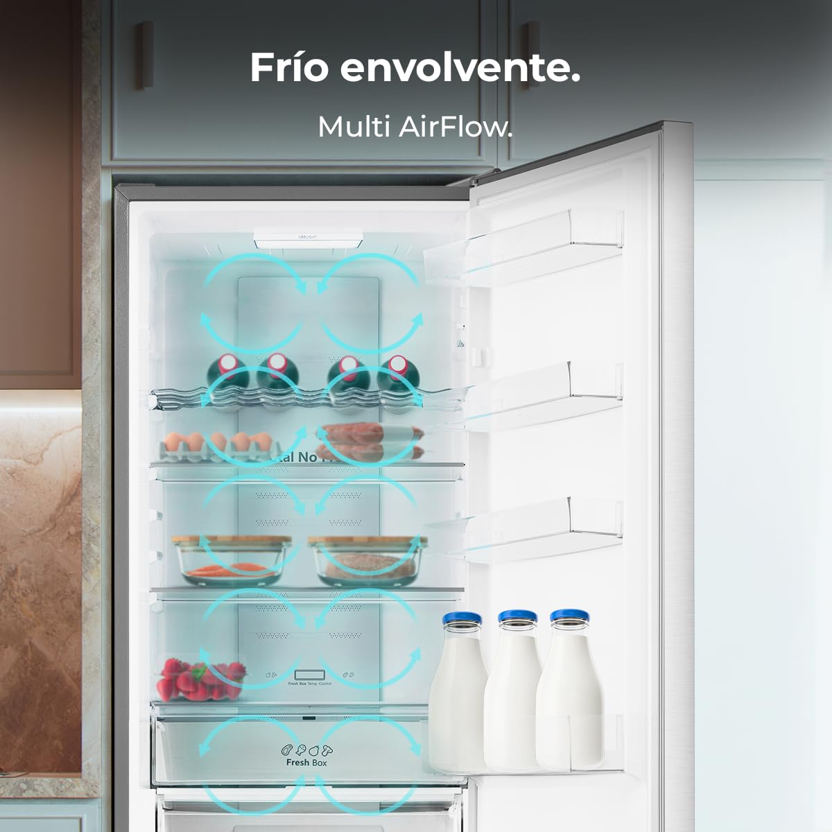Cecotec Réfrigérateur Combi Total No Frost 336L Bolero CoolMarket Combi 336 Inox A. 201cm Hauteur, Fresh Flex, Humidity Flex, Compresseur Inverter Plus, Basse Consommation, Multi AirFlow, Mode Smart