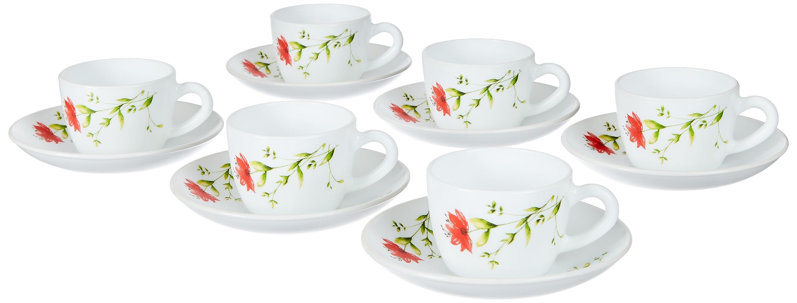 Larah by BOROSIL Oriental Opalware Set – 6 x 140ml Cups and 6 Saucer (12 Pieces) | Microwave and Dishwasher Safe | Crock