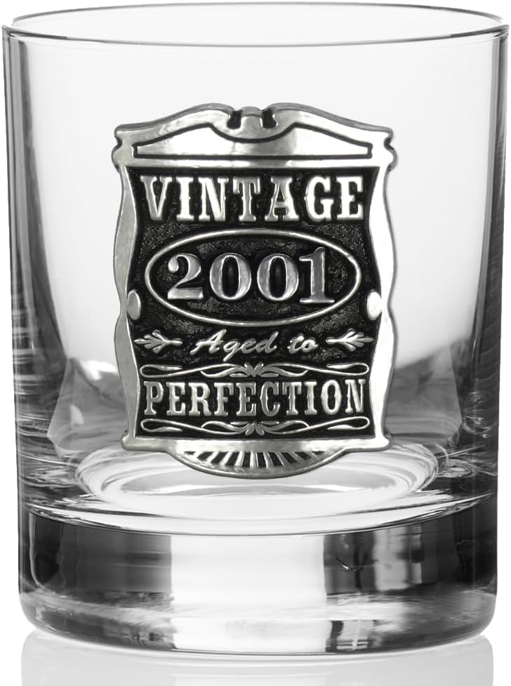 English Pewter Company Vintage Years 2001 25th Birthday or Anniversary Old Fashioned Whisky Rocks Glass Tumbler - Unique Gift Idea For Men [VIN005]