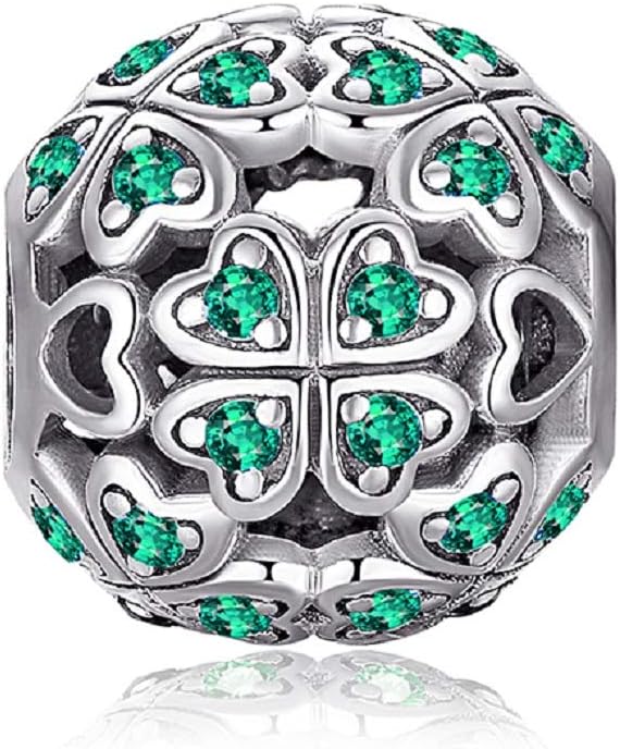 FeatherWish 925 Sterling Silver Four Leaf Clover With Love Hearts Bead Charm With Green Cubic Zirconia Fits Pandora Bracelet