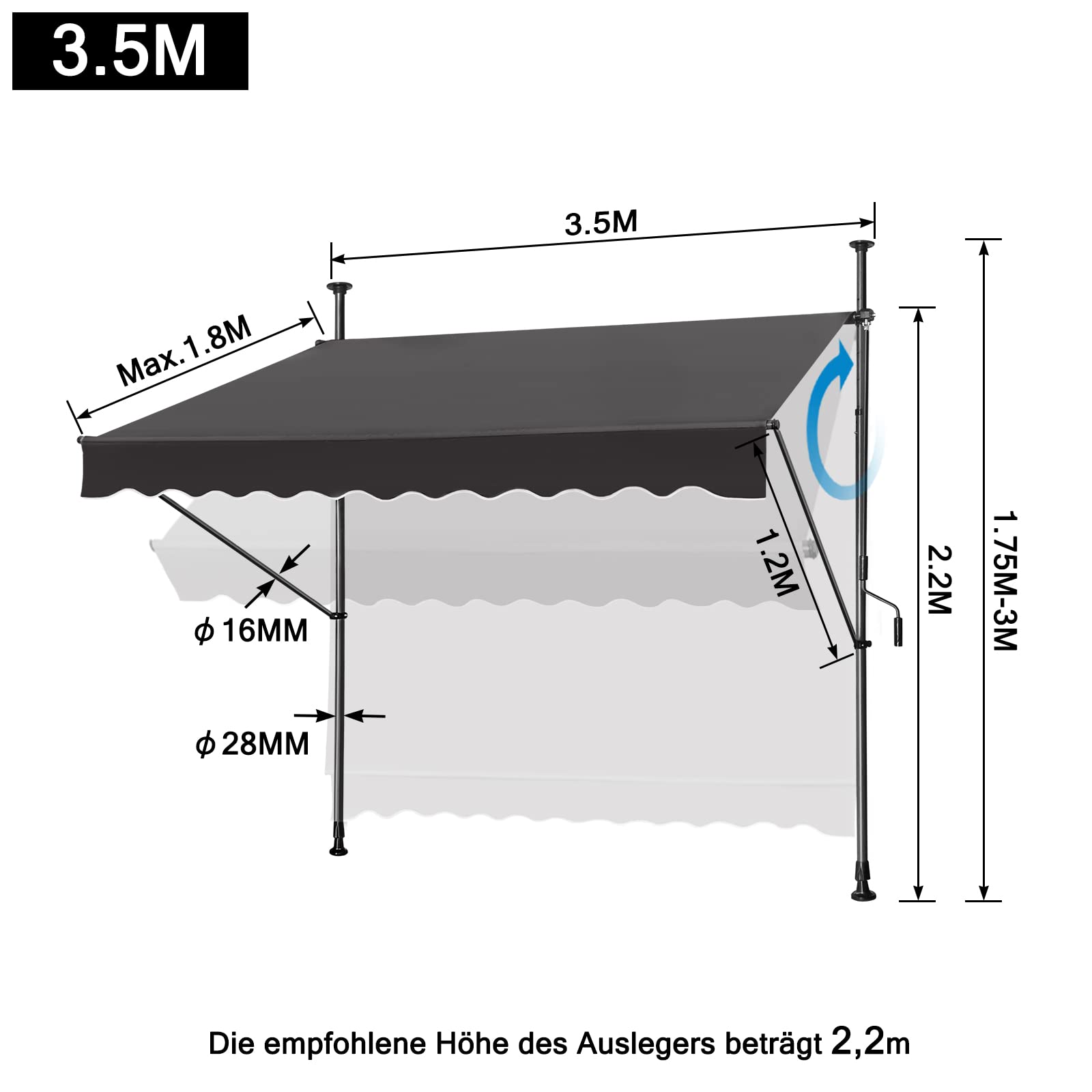 LZQ Markiza zaciskowa na balkon, markiza przeciwsłoneczna, zwijana, ręczna korba ręczna, odporna na działanie promieni UV, ochrona przed słońcem, 100% poliester, do domu, na balkon, do restauracji, kawiarni, ciemnoszara, 350 x 120 cm