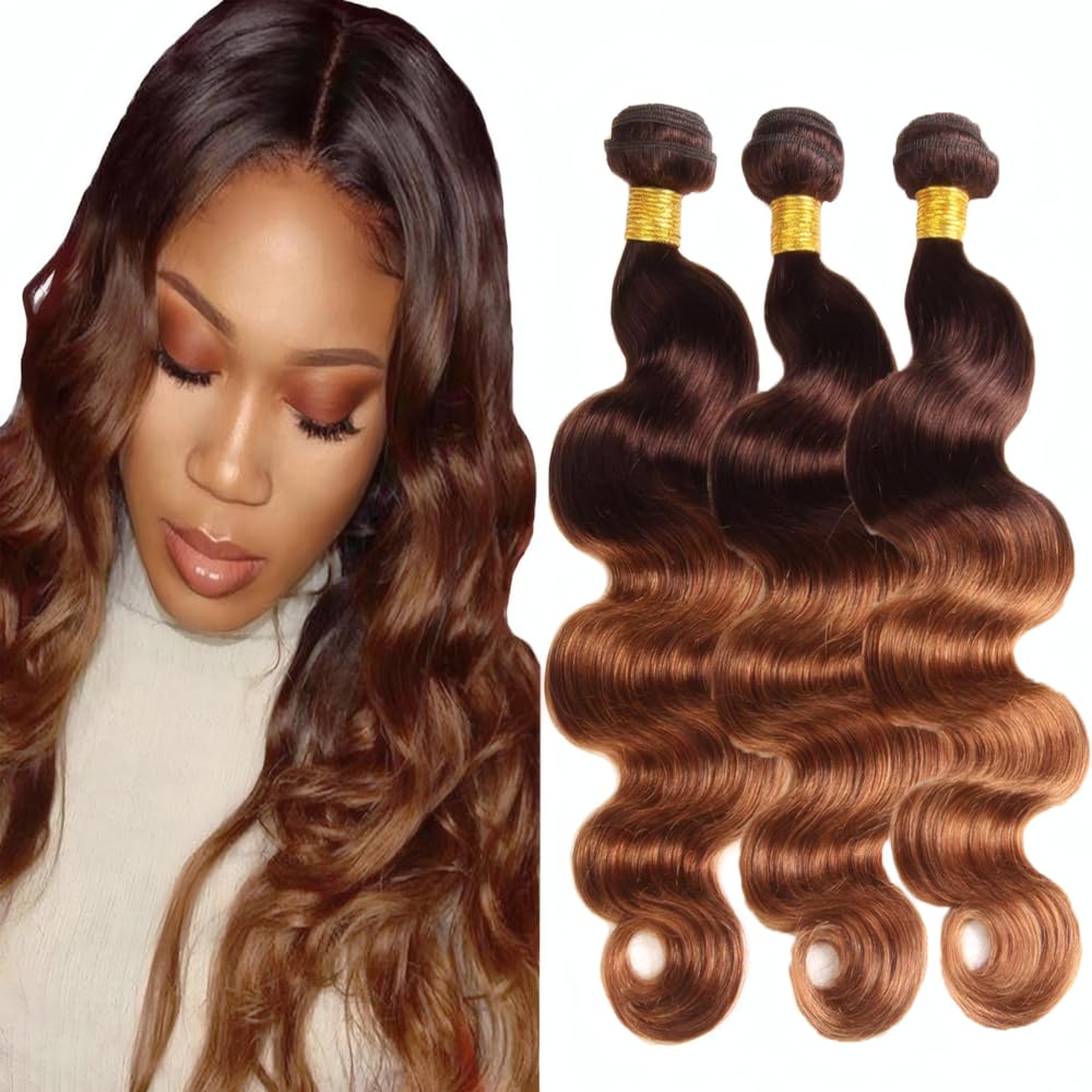T4/30 Ombre Dark Brown and Light Brow Body Wave Human Hair Bundles 22 24 26 Inch 3 Bundles Grade 12A Unprocessed Brazilian Virgin Remy Hair Extensions For Women