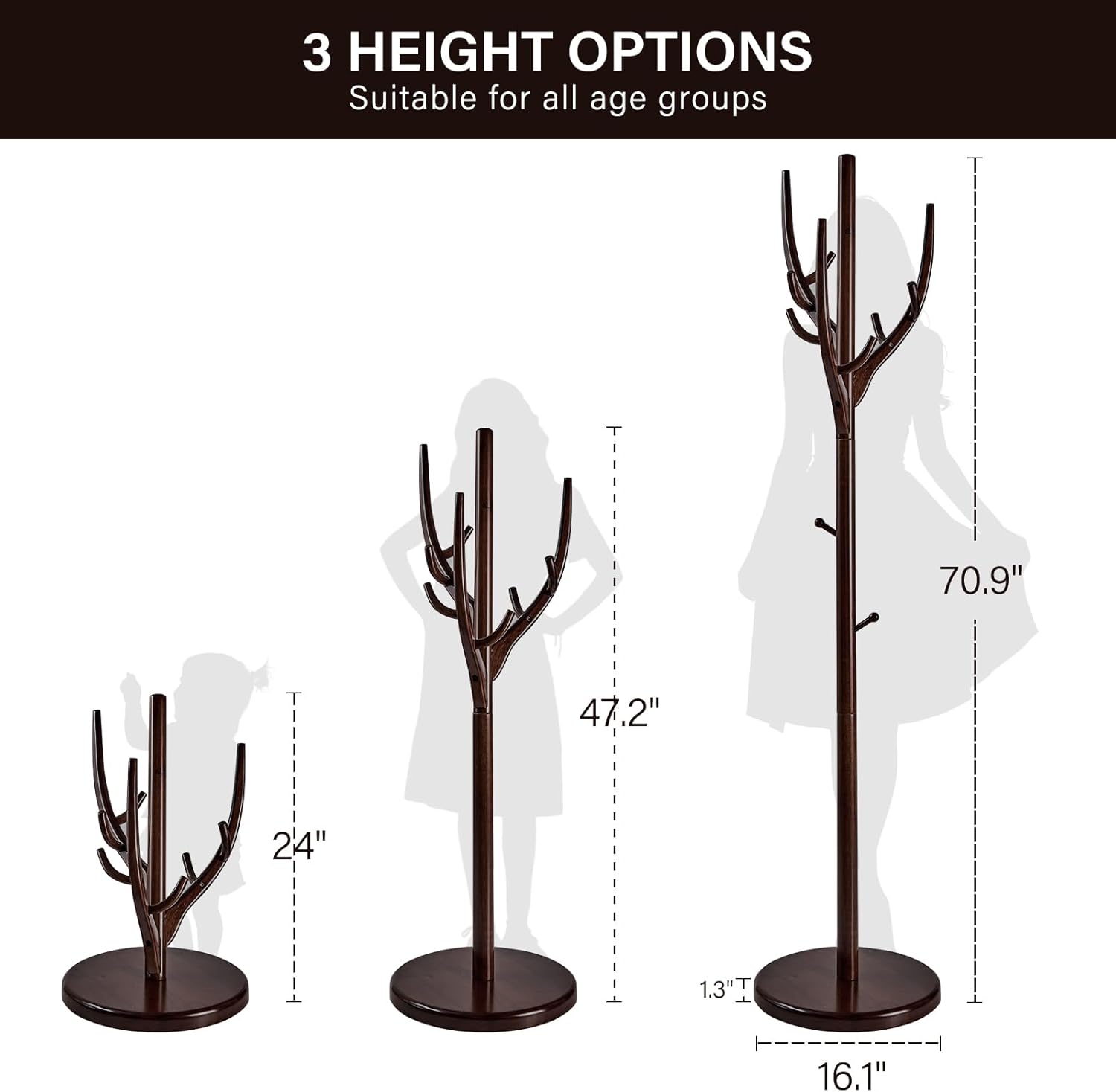 CozyDH Coat Rack Wooden Freestanding - Wood Coat Rack Freestanding Heavy Duty, Wooden Coat Stand with 12 Hooks Creative Tree Branch-look for Entryway, Hallway, Bedroom (Dark Walnut)