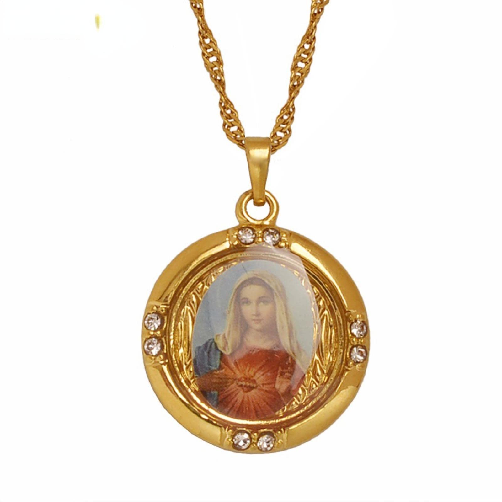 Wholesale Lucky Gold Enamel Virgin Mary Pendant Necklace Women Girls Christian #056304, Stainless Steel