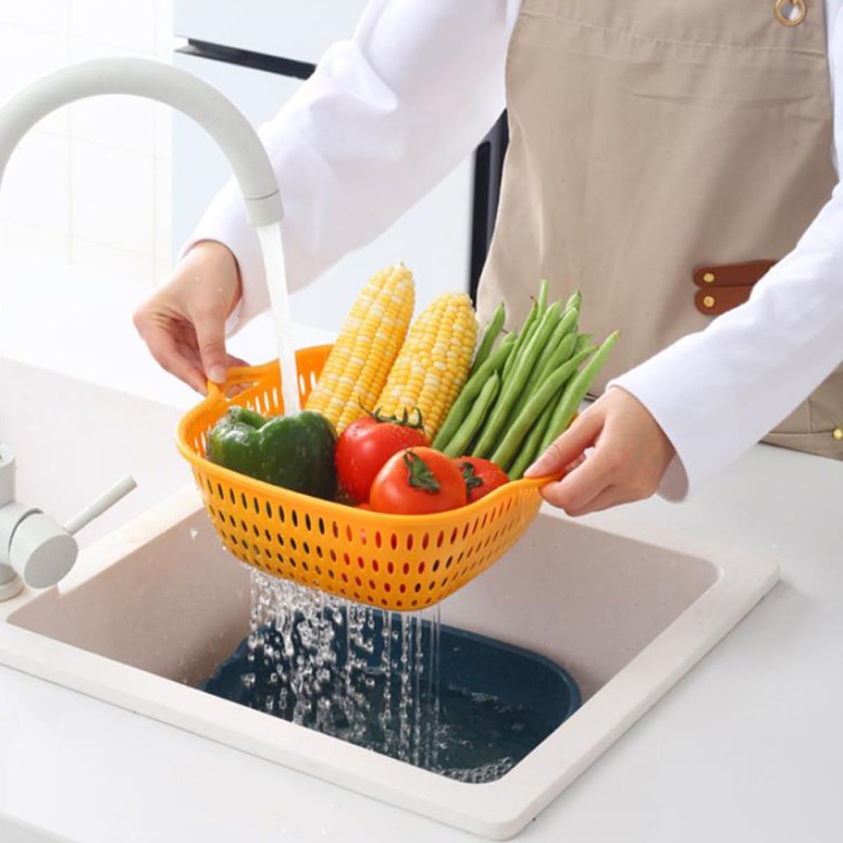 6Pcs Plastic Vegetable Washing Basket Set Handles, Double Layer