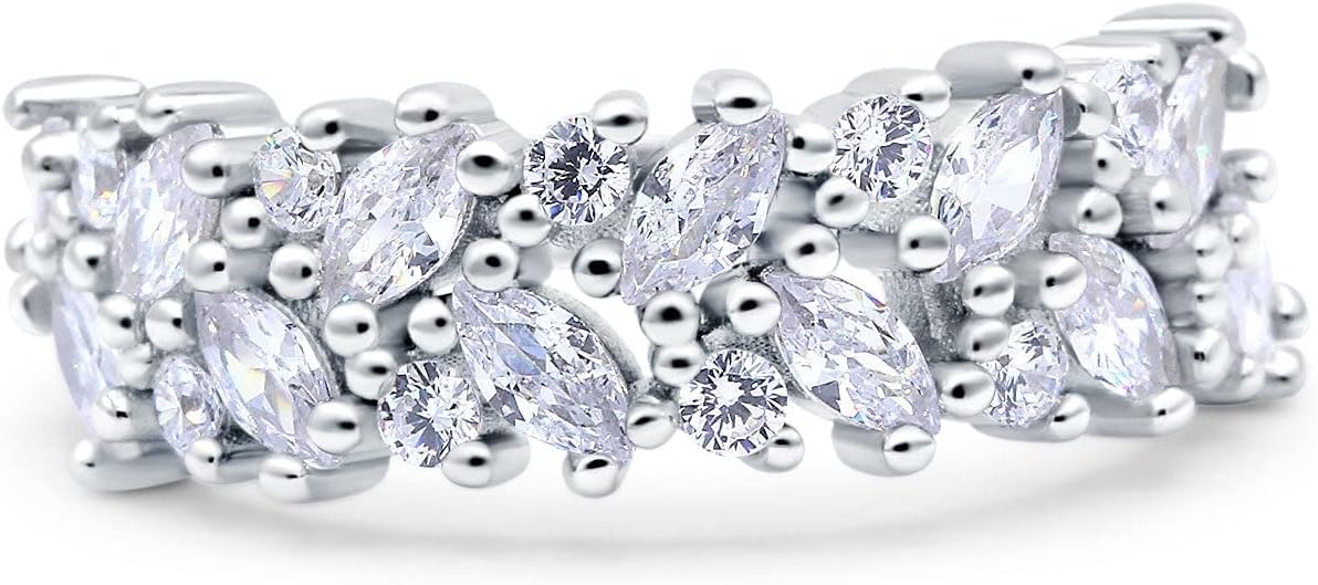Blue Apple Co. Half Eternity Ring Marquise Wedding Engagement Band Round Pave Simulated Cubic Zirconia 925 Sterling Silver (7mm)
