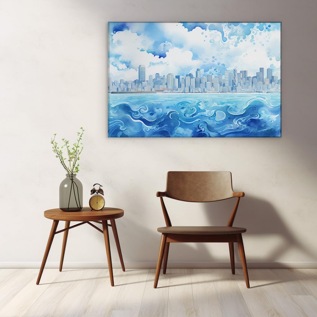 Canvas for Living room. Seaside Cityscape Serenity in Digital Watercolor Hues, 27 x 18 inch Canvas Wall Art - Contemporary Masterpieces - Modern Home Decor