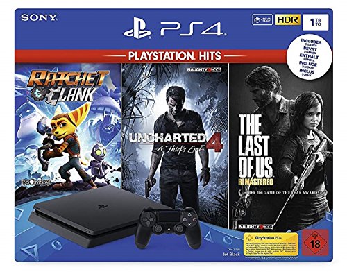 PlayStation 4 Konsole (1TB) inkl. 1 DualShock 4 Controller + PlayStation Hits (The Last of US Remastered + Uncharted 4: A Thief's End + Ratchet & Clank)