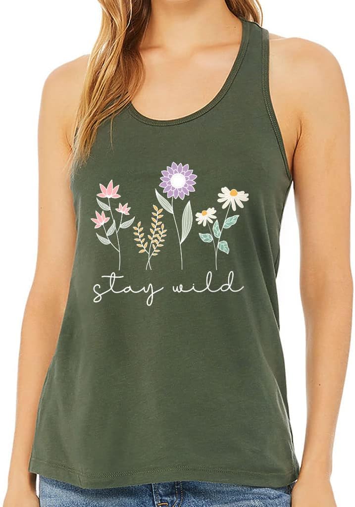 Stay Wild Women's Racerback Tank - Print Tank Top - Flower Workout Tank