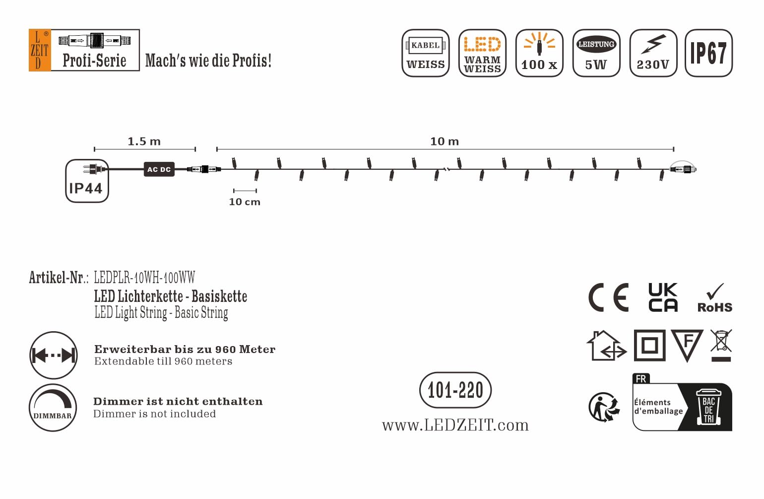 Profi Serie - Catena luminosa di base a LED, con cavo di alimentazione, 10m, 100 LED bianco caldo, luce fissa, Prolungabile fino a 960 m, sistema professionale, per festa,Natale,matrimonio