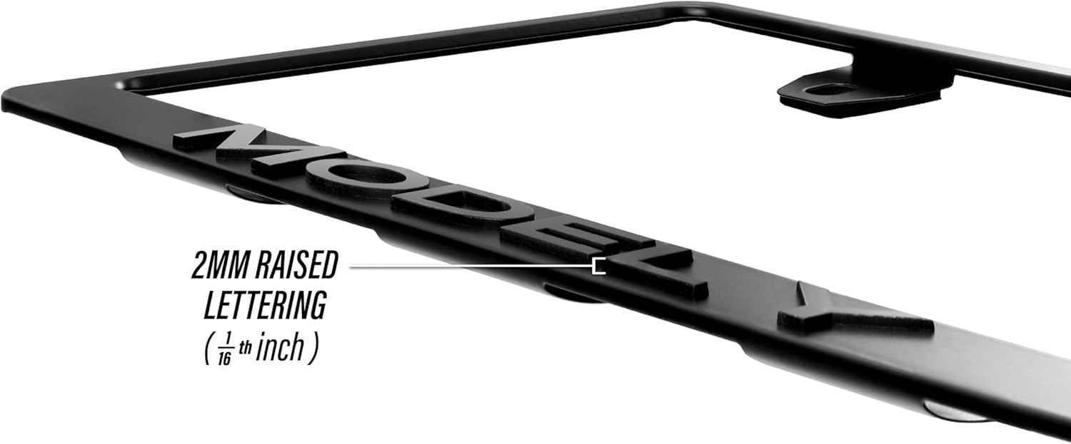 Model Y License Plate Frame – Stealth Black Powder Coat UV Resistant Rust-Proof Steel Plate Holder - One Piece - Compatible with 2020-2025 Tesla ModelY EV (3D RAISED LETTERS with MOUNTING HARDWARE)