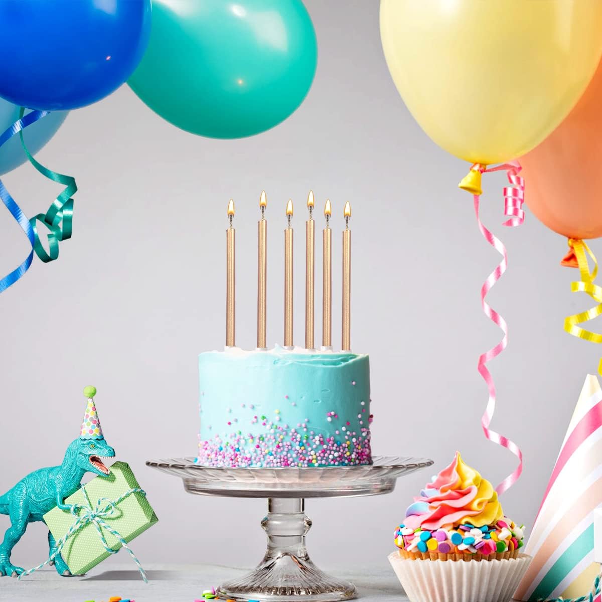 24 Count Party Long Thin Cake Candles Metallic Birthday Candles in Holders for Birthday Cakes Cupcake, Champagne Gold