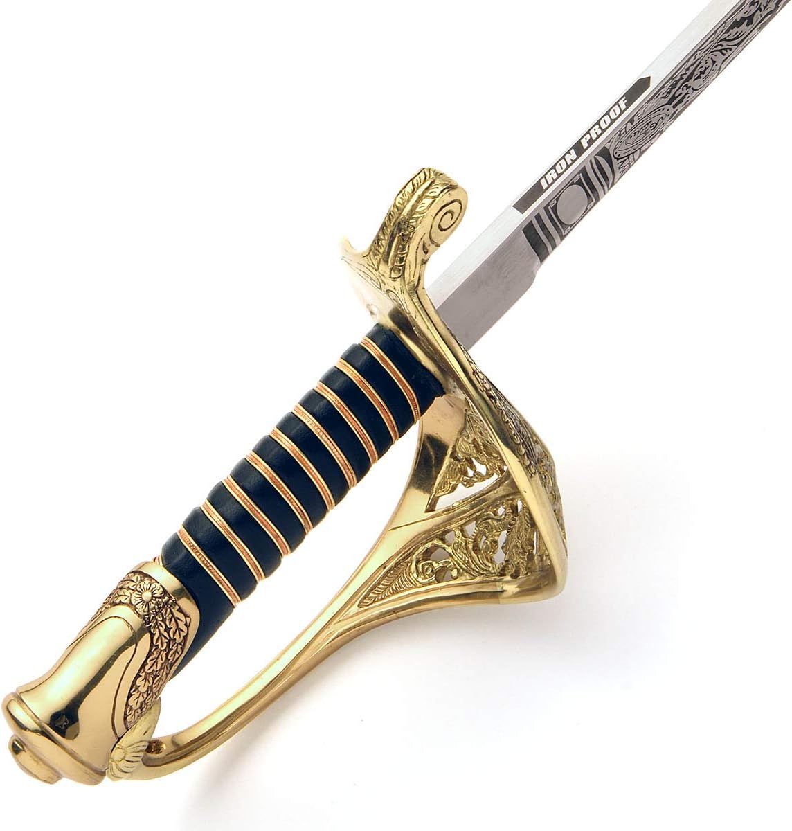 Hand Forged Tempered High Carbon Steel 1850 Staff & Field Officer's Sword Brass Guard Wire Wrapped Leather Handle Etched Blade Saber with Blue Steel Scabbard