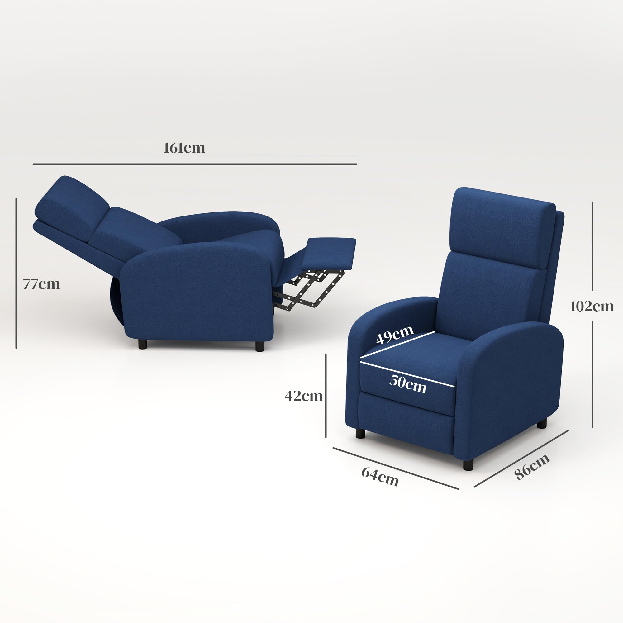 HOMCOM Poltrona Relax Reclinabile Manuale 160° con Poggiapiedi, Poltroncina Reclinabile Imbottita Ergonomica in Tessuto Effetto Lino per Camera da Letto, Ufficio, Salotto e Soggiorno, Blu