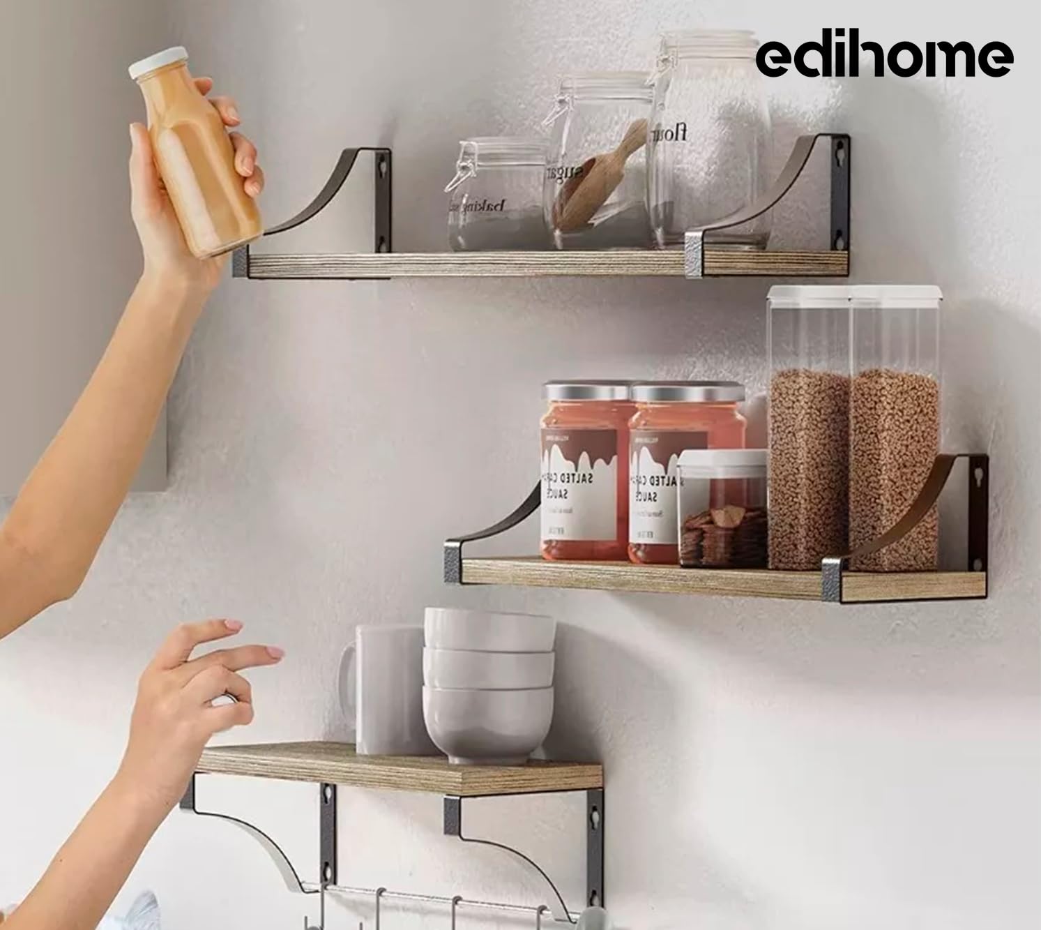 edihome, Płytki ścienne, 3-poziomowe półki ścienne, Pływające półki, Półki ścienne z naturalnego drewna, dekoracja, idealny do salonu, sypialni, łazienki (jasnobrązowy)