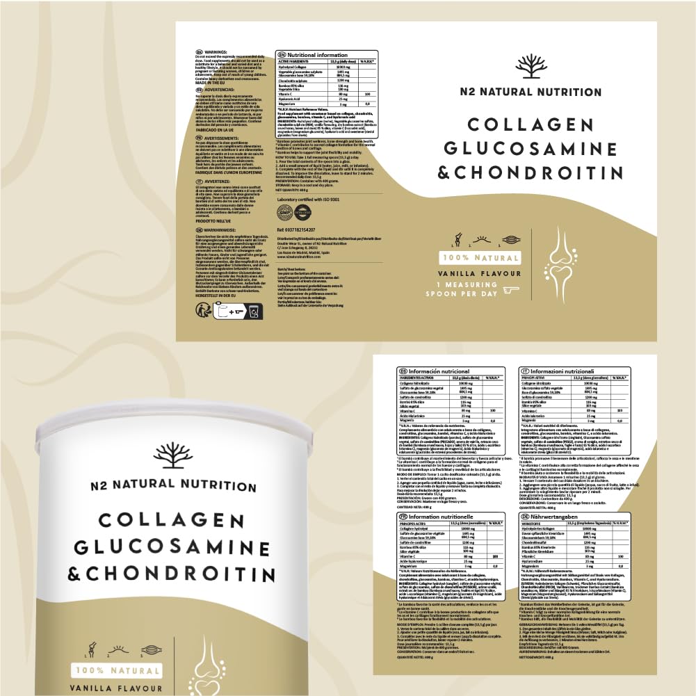 Collagen Hydrolysat Pulver mit Hyaluronsäure, Glucosamin, Vitamin C, Magnesium, Silizium. Kollagen Pulver. Leistungsstarker Knorpelschutz. Stärkung der Gelenke, Knochen, Haut. EU. N2 Natural Nutrition