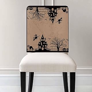 4Pack Dining Room Chair Back Covers Halloween Flying Witch Stretch Spandex Chair Cover Washable Slipcovers, Vintage Country Castle Bat Halloween Removable Furniture Protectors for Home Kitchen