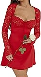 tinetill Damen Spitze Kleid Y2K Langarm Minikleid Figurbetontes Partykleid Durchsichtig Mesh Nachtkleid A Linie Cocktailkleid mit Tiefem Ausschnit Kurze Abendkleid L Rot