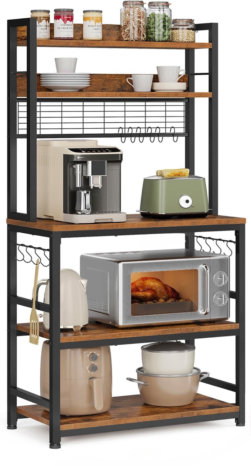 5-Tier Kitchen Organizer Rack|Multipurpose Microwave Stand for Kitchen Platform & OTG Oven|Steel Utensils Storage Shelf with Hooks | Engineered Wood & Metal Rack for Home | 80x40x170 cm | Rustic Brown