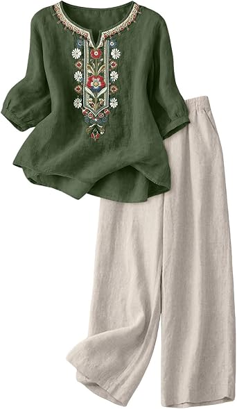 Betadog Womens 2 Piece Outfits 3/4 Sleeve Cotton Linen Embroidered Shirts Wide Leg Capri Pants with Pockets Matching Sets