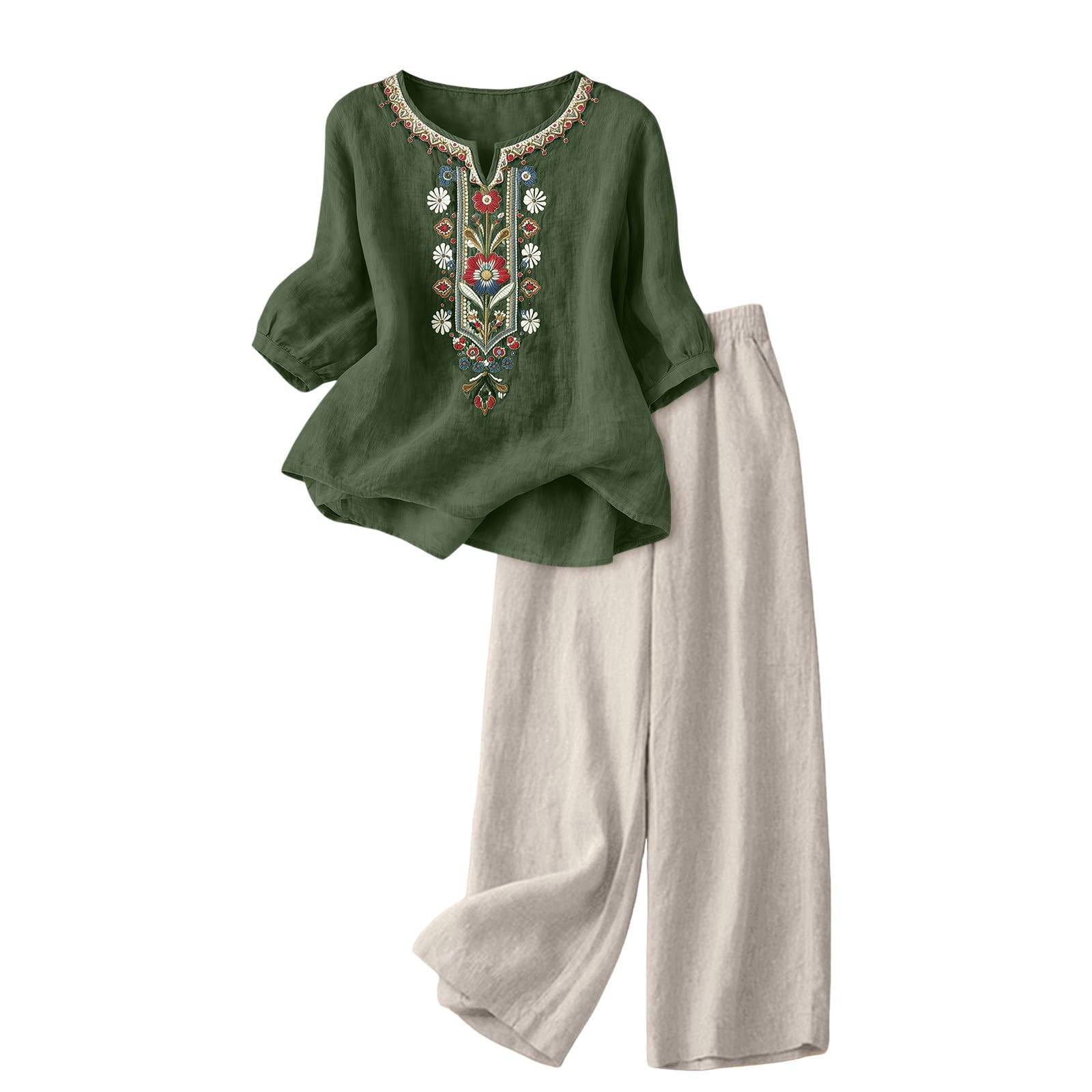Womens Wear Sets Embroidered Linen Ladies Set 2 Piece Summer Outfits Co Ord Sets 3/4 Sleeve Blouses Tops and Wide Leg Trousers Casual Loungewear Activewear with Pockets (V1-Blackish Green, XXXL)