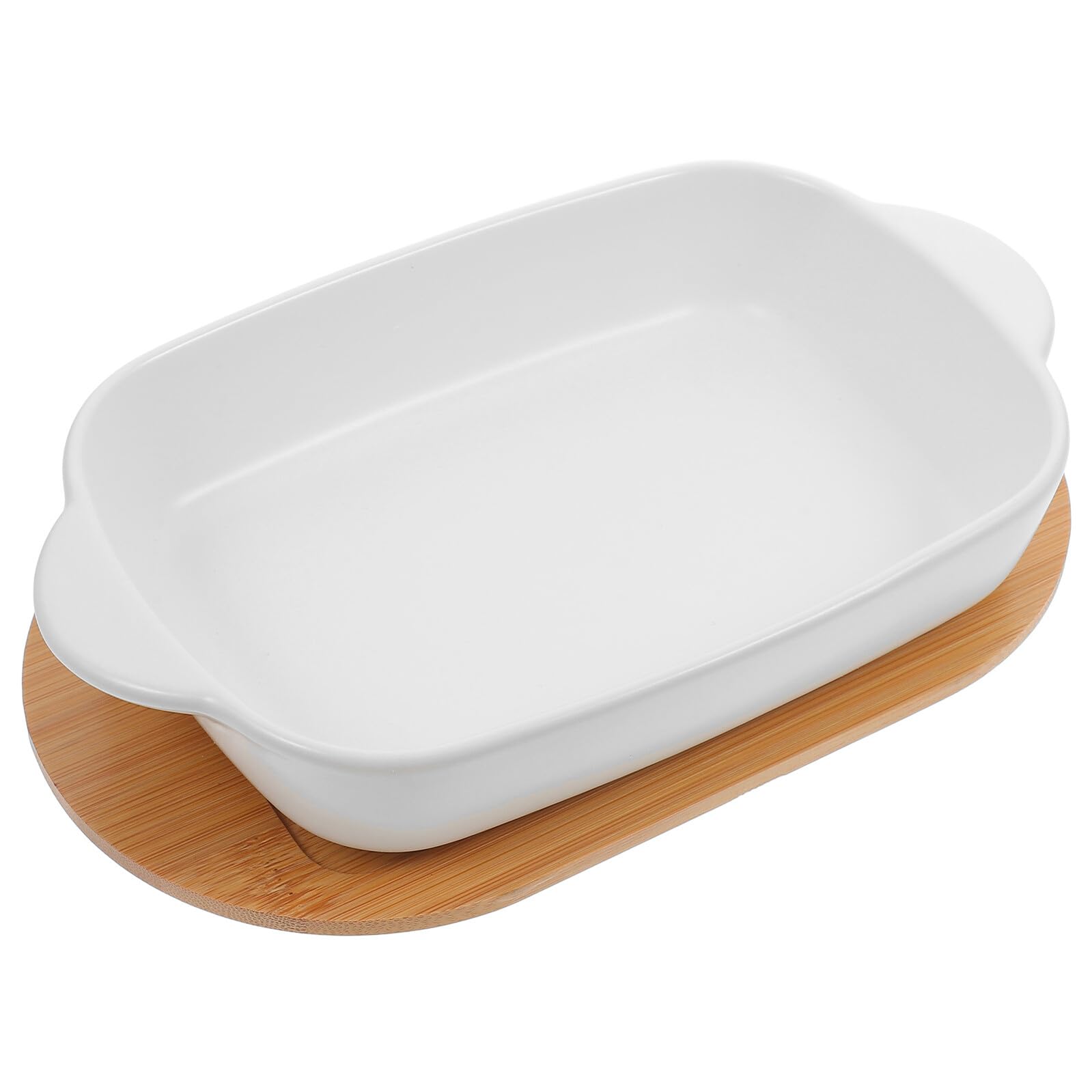 Plat à gratin céramique 28 cm et socle bois pour vos repas conviviaux en famille