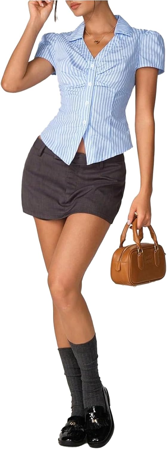 Womens Y2k Button Down Shirt Lapel V Neck Short Sleeve Blouse Striped Slim Fit Ruched Tops Split Front Tees Streetwear - Image 5