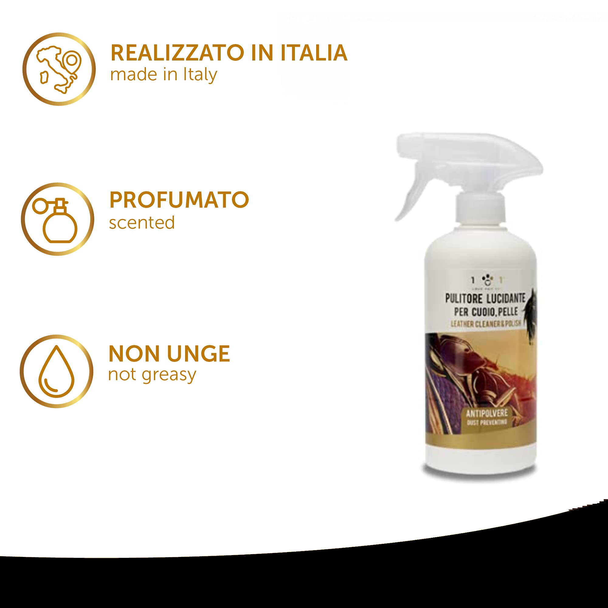 Pulitore e Lucidante Incolore per Pelle e Cuoio, 500ml – Balsamo Spray Rigenera Pulisce oggetti in Pelle come Giacca, Scarpe, Sedili Auto, Moto, Divano, Stivali, Sella per i cavalli etc.. – Linea 101
