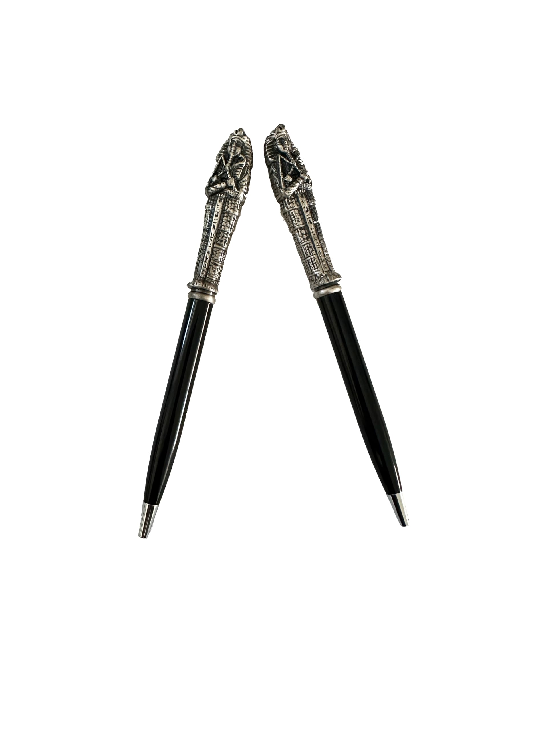 Egyptian Mummy Ballpoint Pen Set - Intricate Details, Black Barrel, Silver Zipper Box