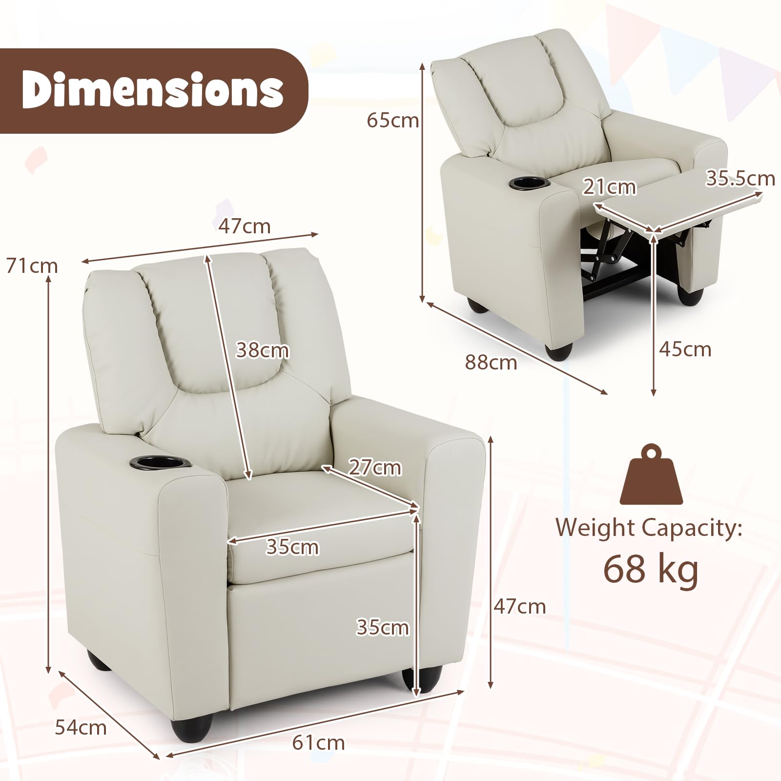 LIFEZEAL Sofá infantil, sillón infantil con función reclinable, sillón relax 2 en 1 para niños, sofá infantil con reposapiés ajustable y soporte para bebidas, sofá pequeño para habitación infantil