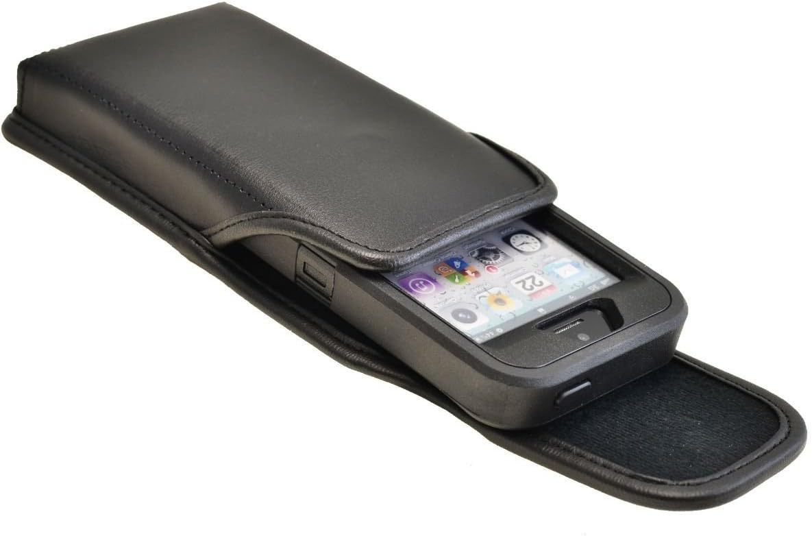 Turtleback Belt Case Compatible with Apple iPhone SE 5 5c 5s Fits w/OB Defender or Bulky Cases, Black Vertical Holster Leather Pouch with Heavy Duty Rotating Ratcheting Belt Clip