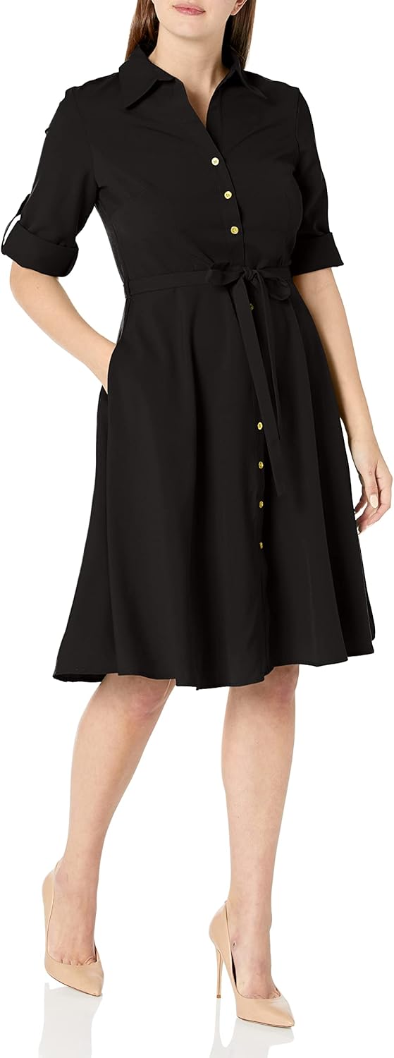 Sharagano Womens Button Front Pleated Shirt Casual Dress, Very Black, 10