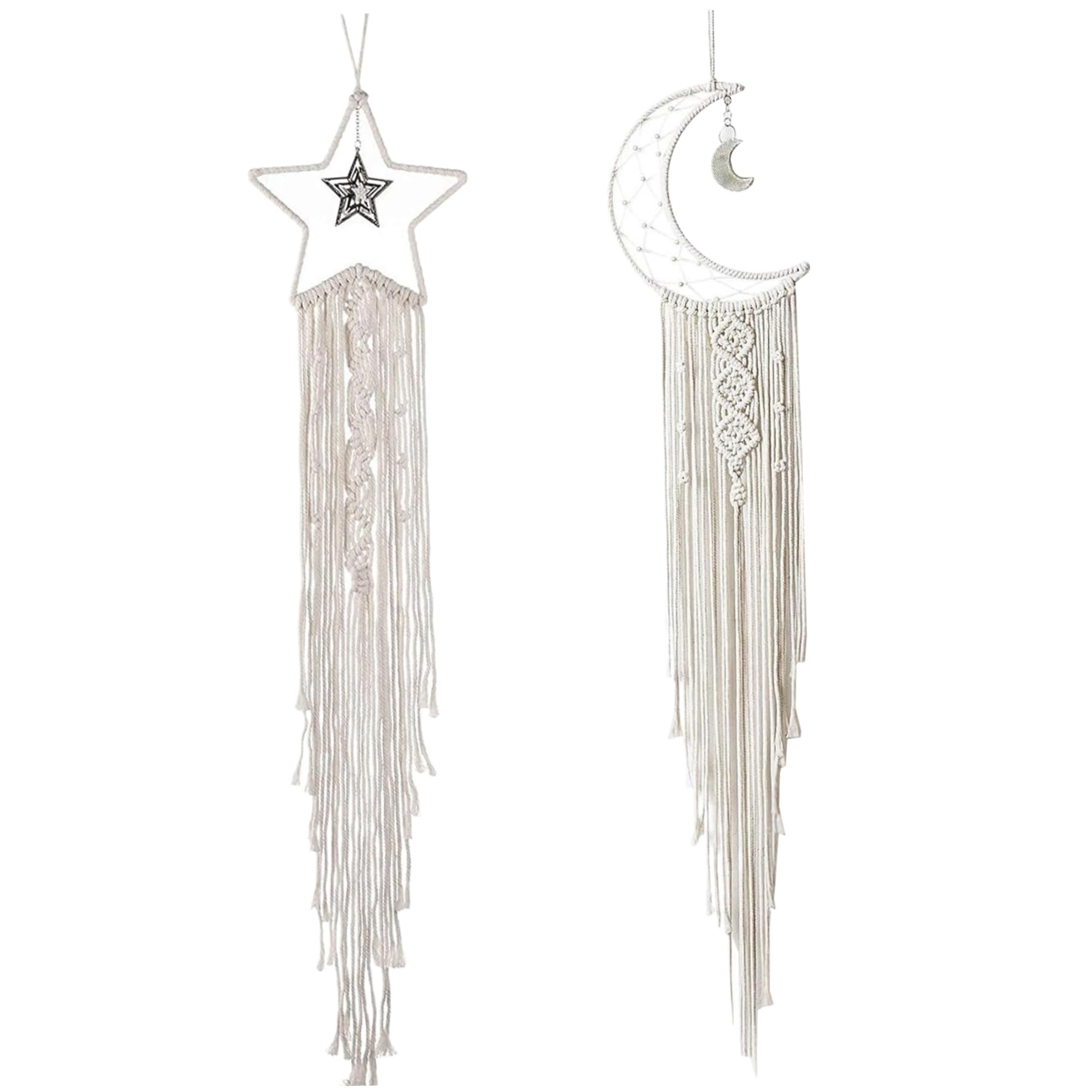 AwnsIMfreien Dream Catcher Wall Decor, Dream Catchers, 2PCS Moon Star Catcher Wall Decor with Light, 39 Inch Macrame Hanging with Fringe, Boho Room for Girls Women, Catchers